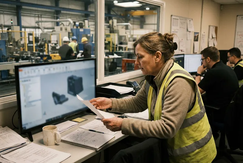Sur une ligne de production, une personne compare la machine réelle à un modèle 3D affiché sur un écran d'atelier.