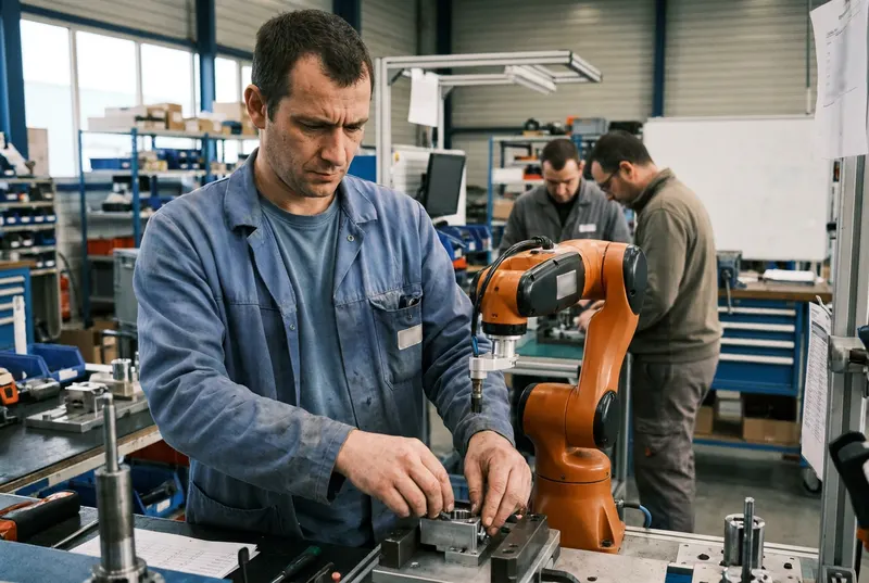 Dans un atelier, un opérateur travaille à côté d'un robot collaboratif sur un poste de montage.